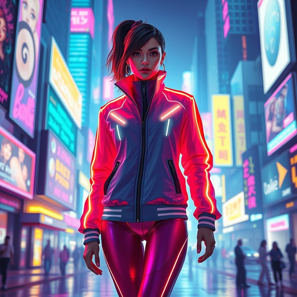Cyberpunk Woman in Neon Cityscape