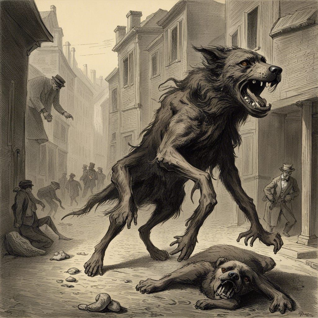 Disturbing Dog Attack in Gustave Doré Style