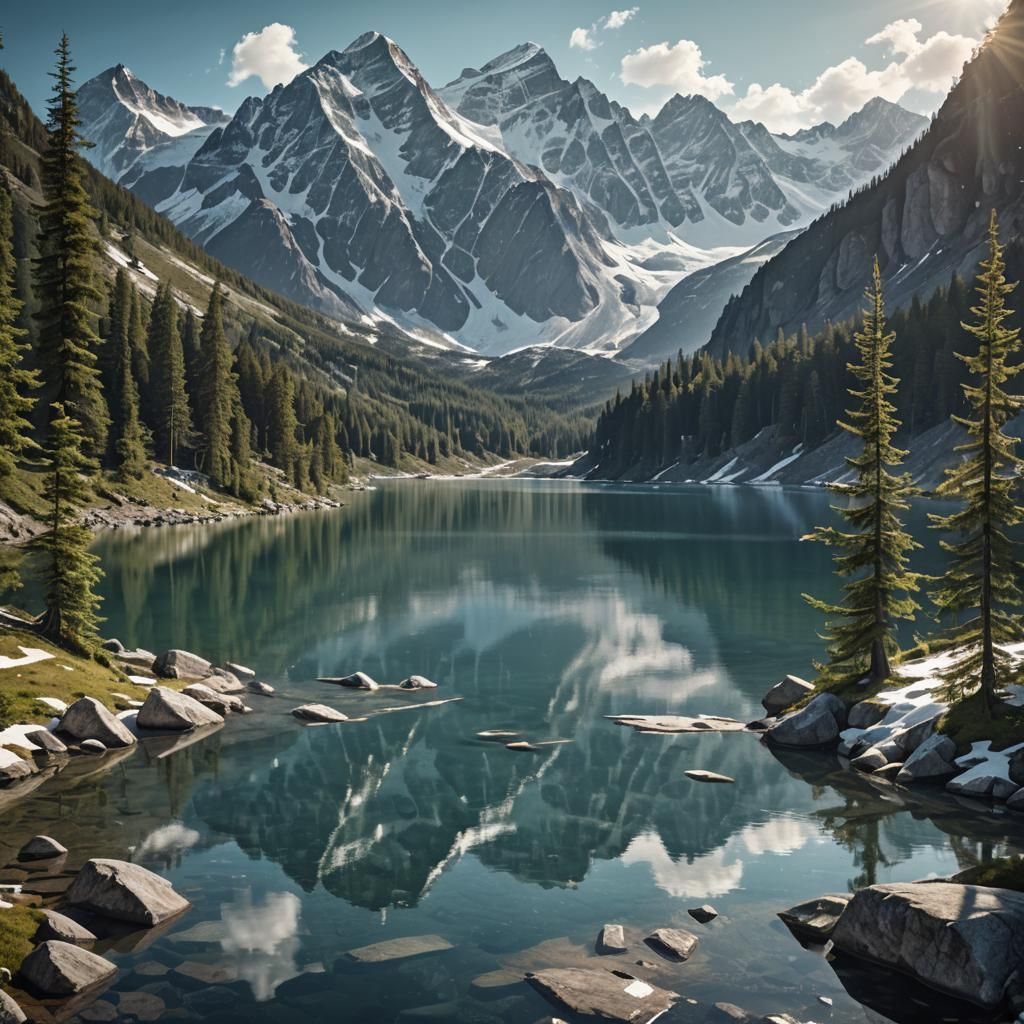 Peaceful Glacial Lake Reflecting Snowy Peaks