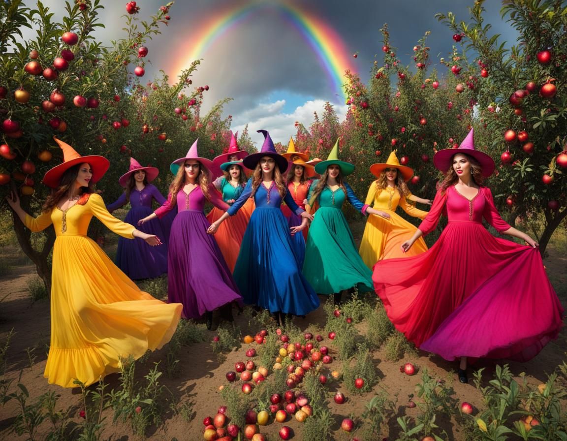 Colorful Witches Dance in a Rainbow Flower Field