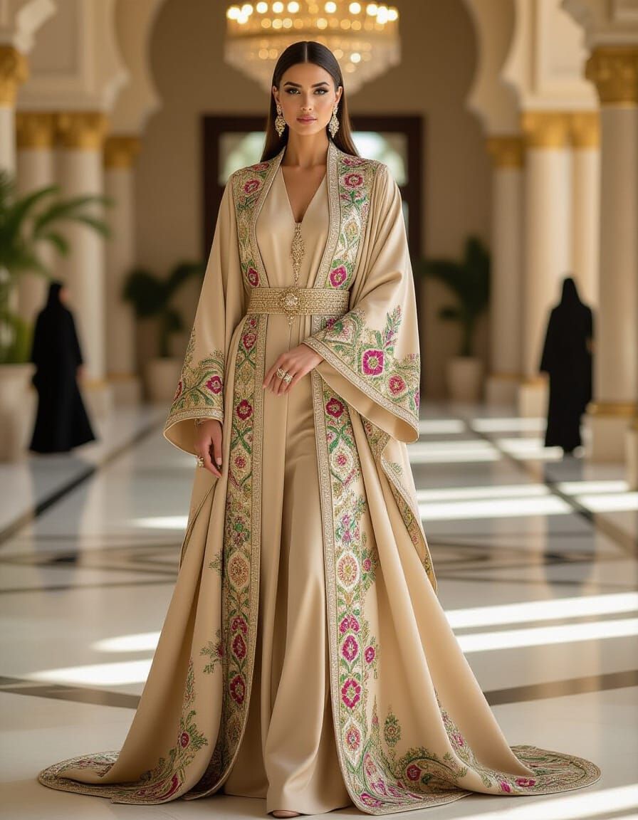 Regal Woman in Opulent Jewel-Toned Abaya