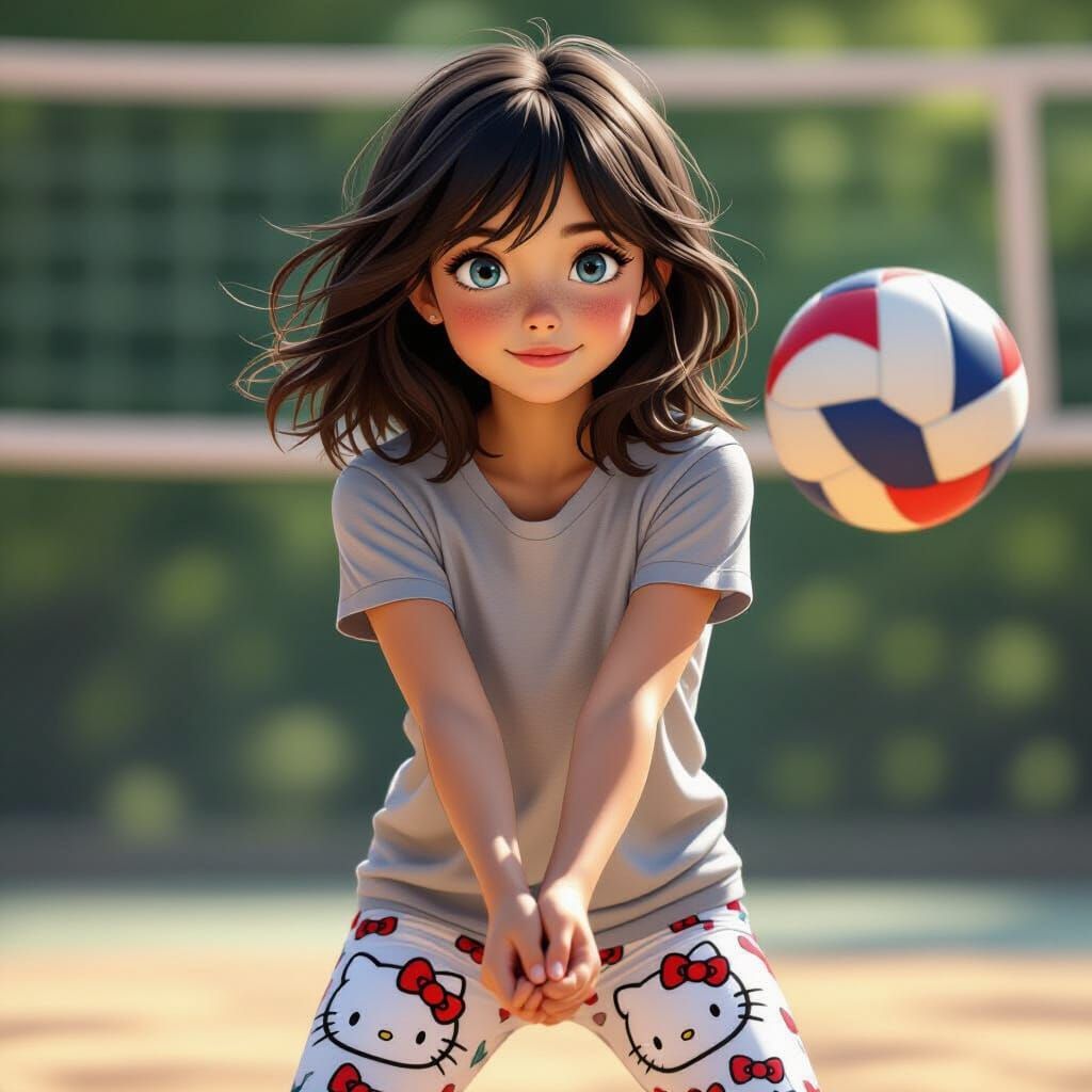 Girl Playing Volleyball in Photorealistic Style