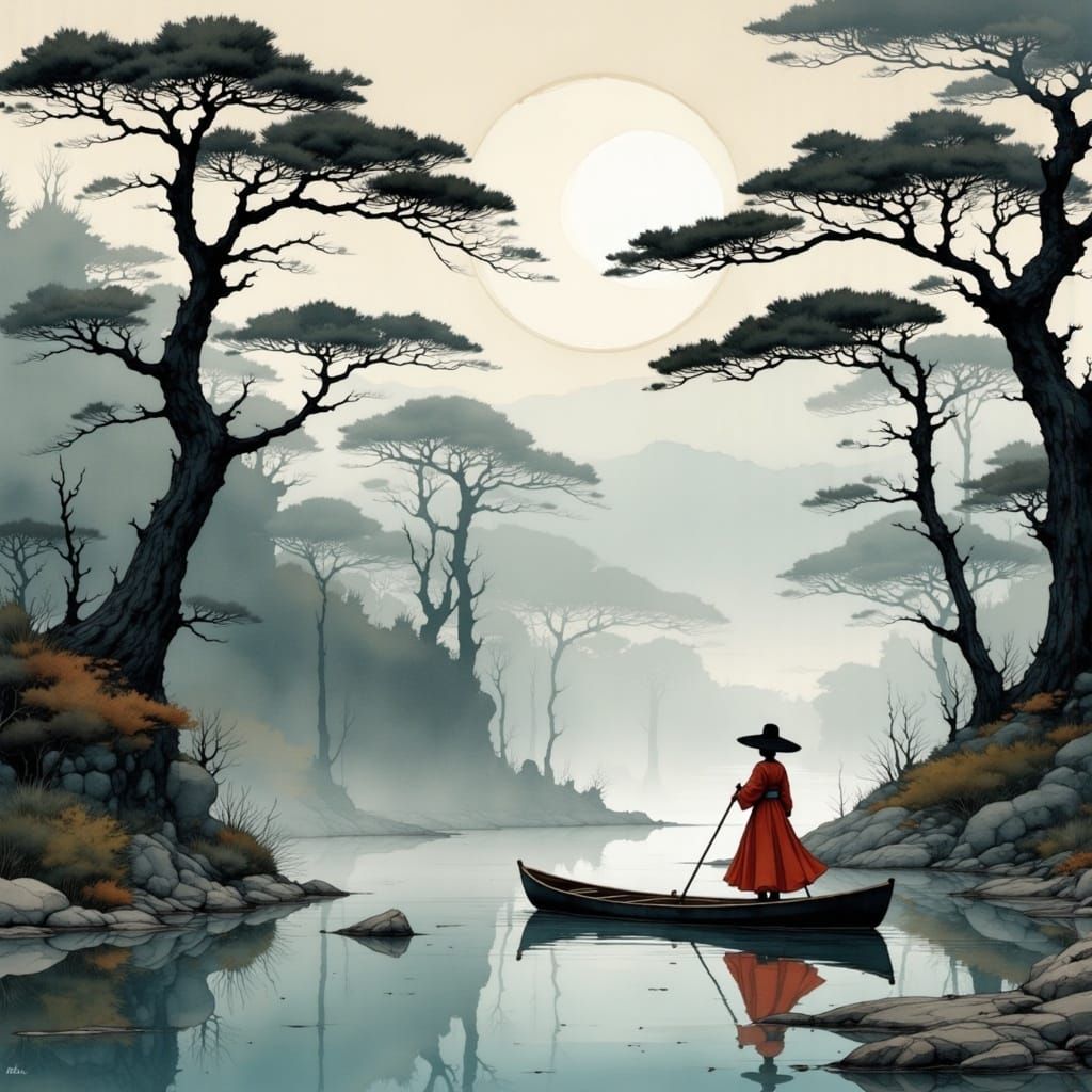 Serene Japanese Garden in Monochromatic Tones, Painterly Sty...