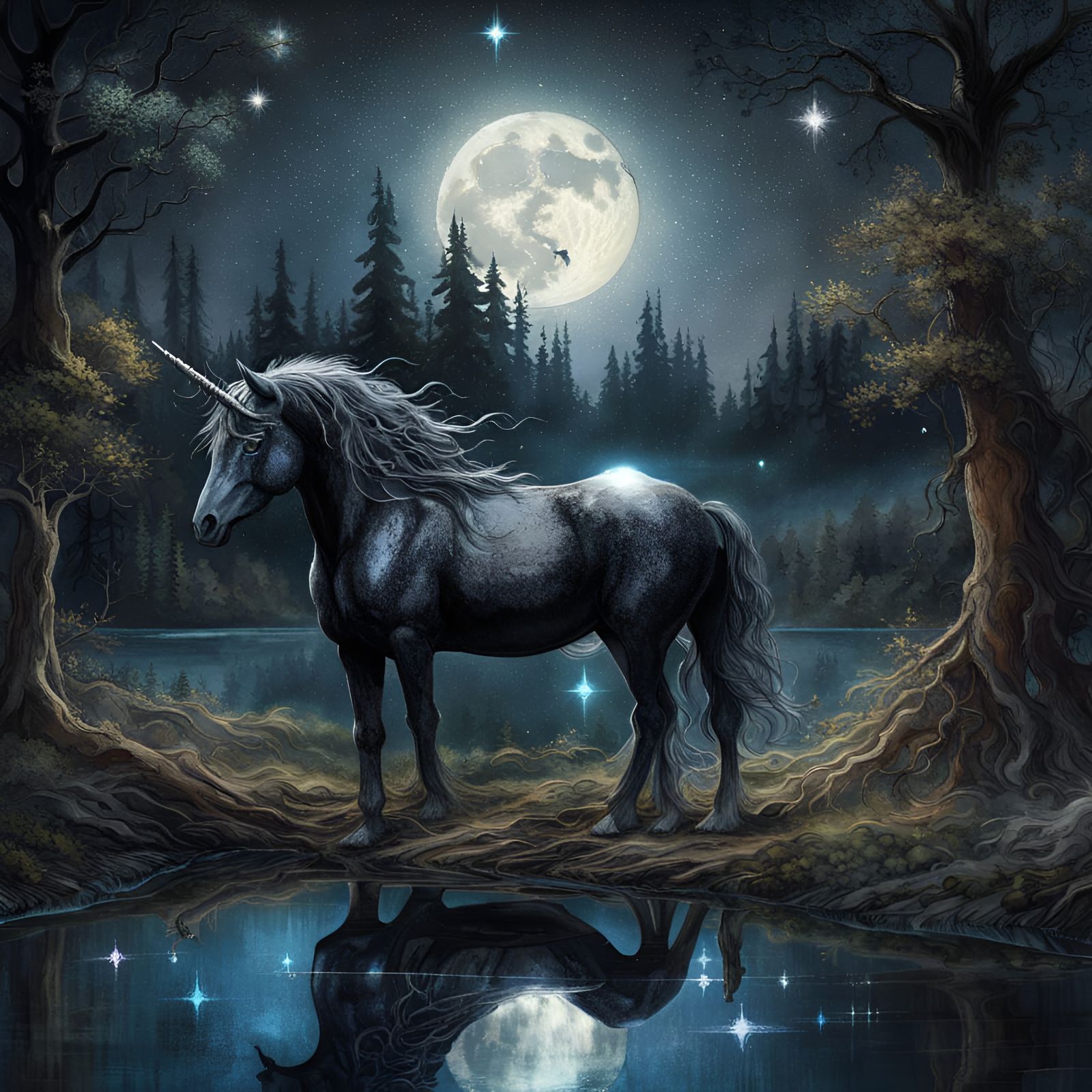 Starry Night Black Unicorn in Cyberpunk Style