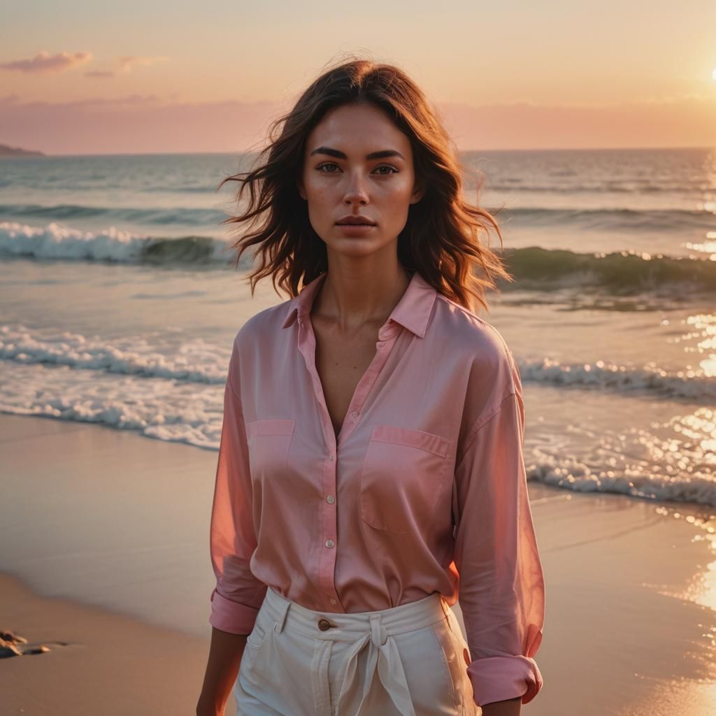 Petite Woman on Sunset Beach in Digital Art