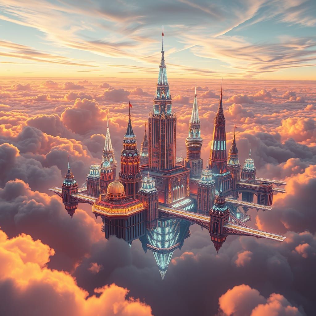 Crystal City Floating in Clouds: Art Deco Fractal Architectu...