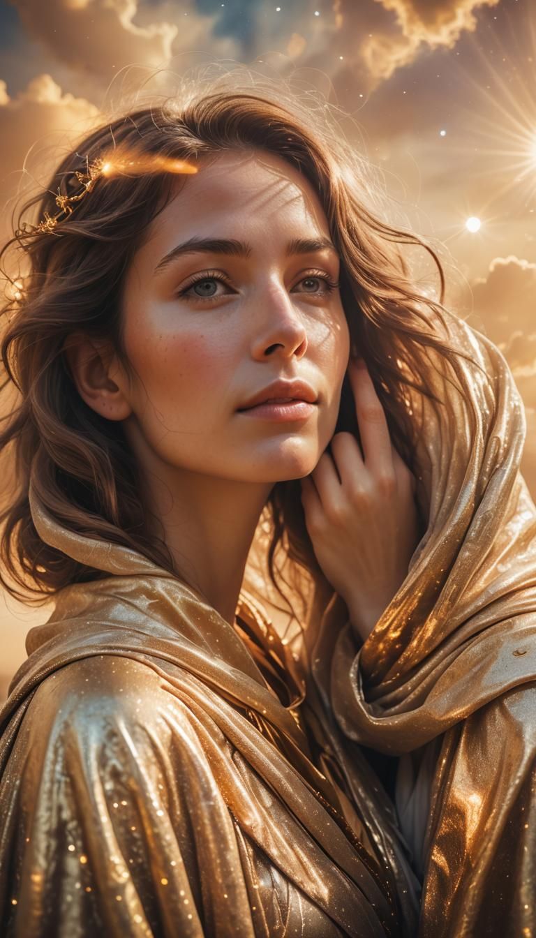 Woman Embracing Earth in Surreal Celestial Landscape