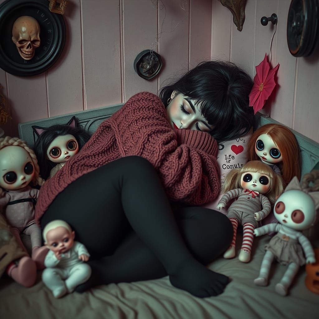 Surreal Female Figure in Whimsical, Eerie Setting with Creep...