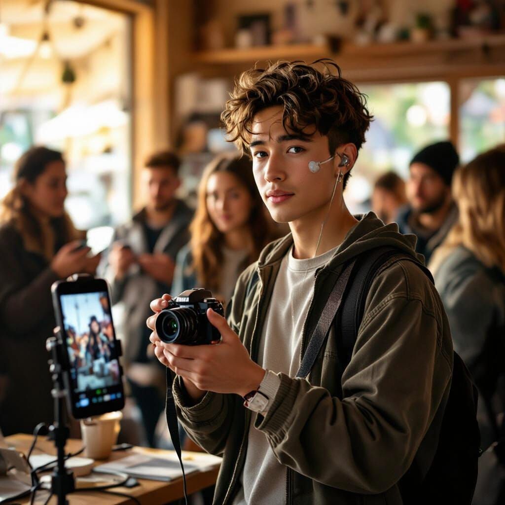 Young Adult Captures People with Phone Camera