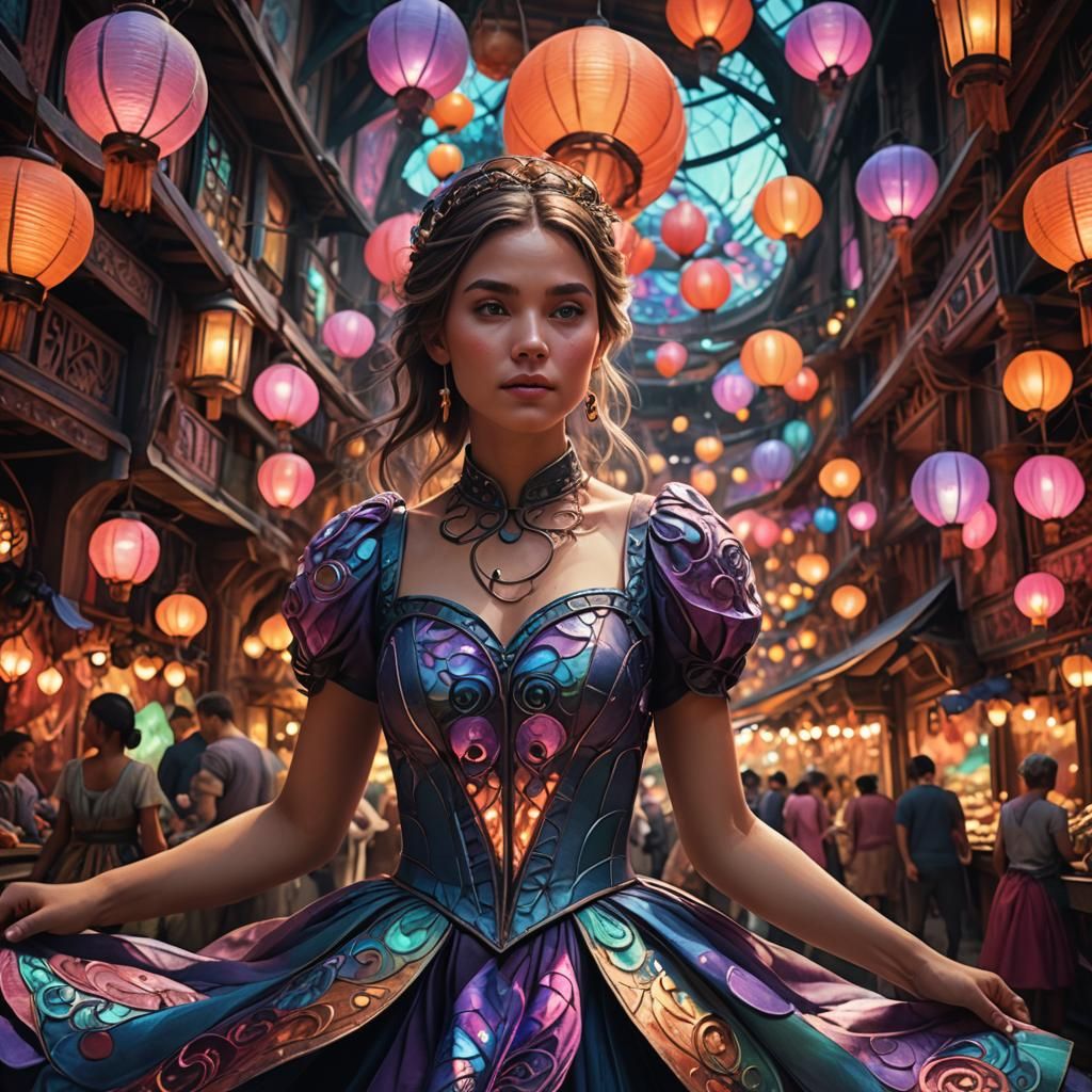 Bored Girl in Fantasy Market, Detailed Matte Painting