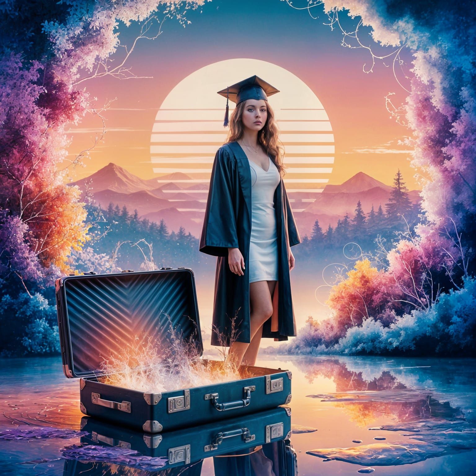 Ethereal Watercolor: Woman's Graduation Under Sunset