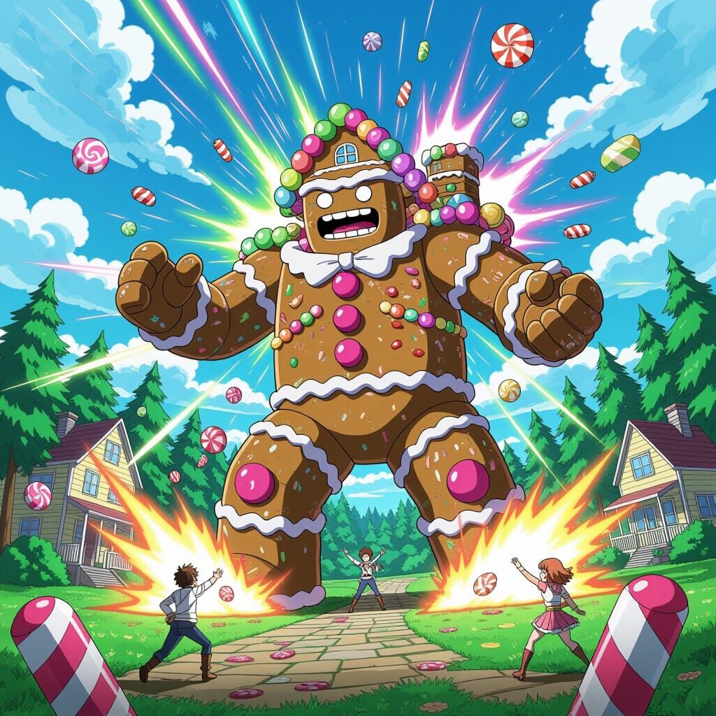 Gingerbread Golem Unleashes Candy Attacks in Anime Style