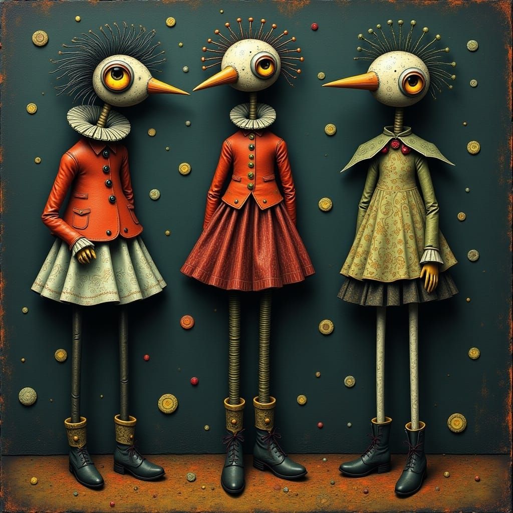 Whimsical Metal Bird Character in Surreal Style