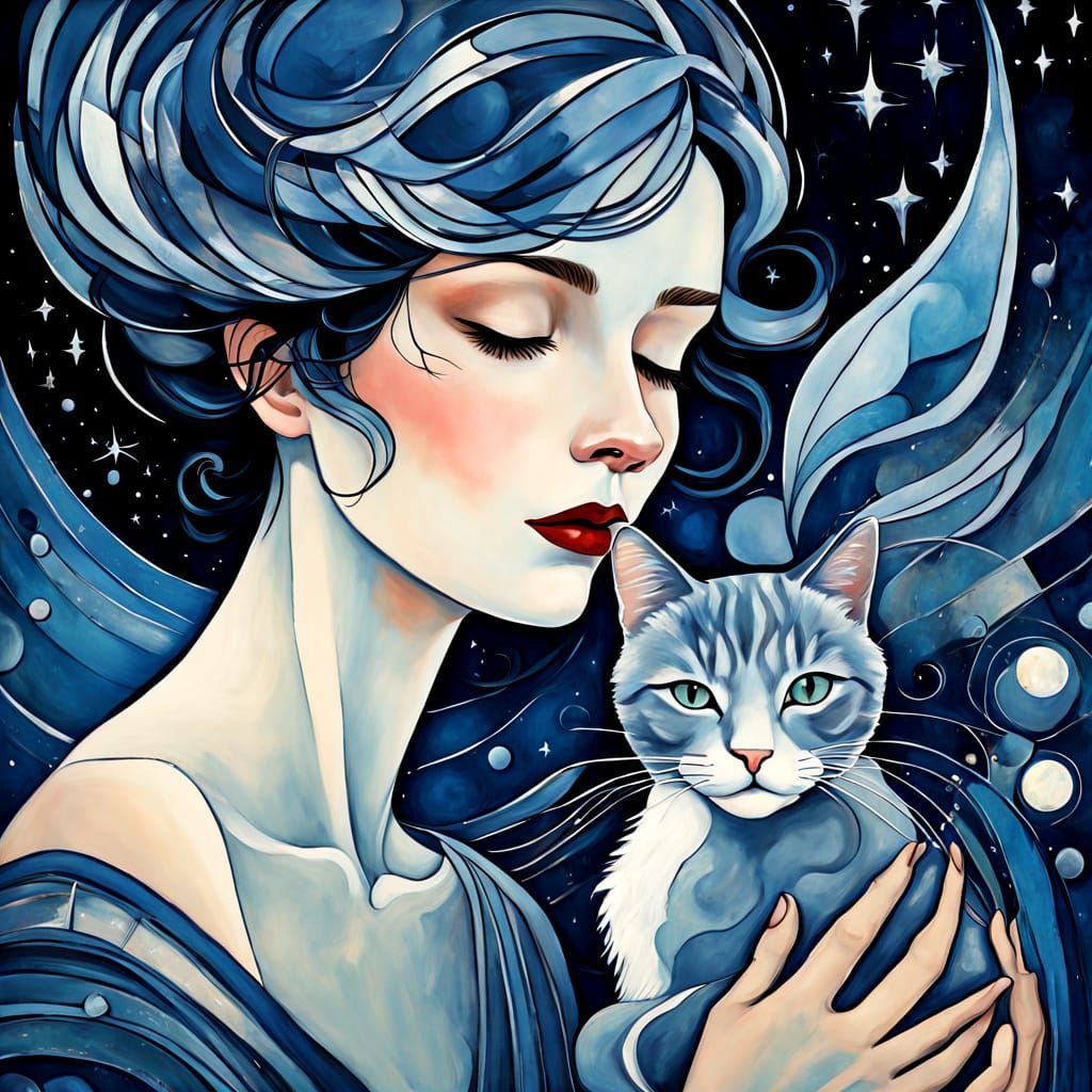 Art Deco Celestial Cascade: Cat Cries Under Falling Stars