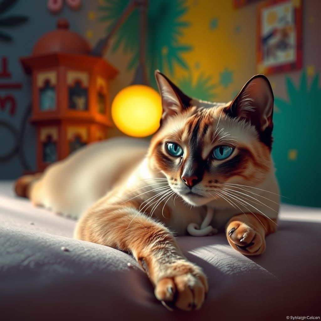 Serene Siamese Cat in Plush Fur on Massage Table