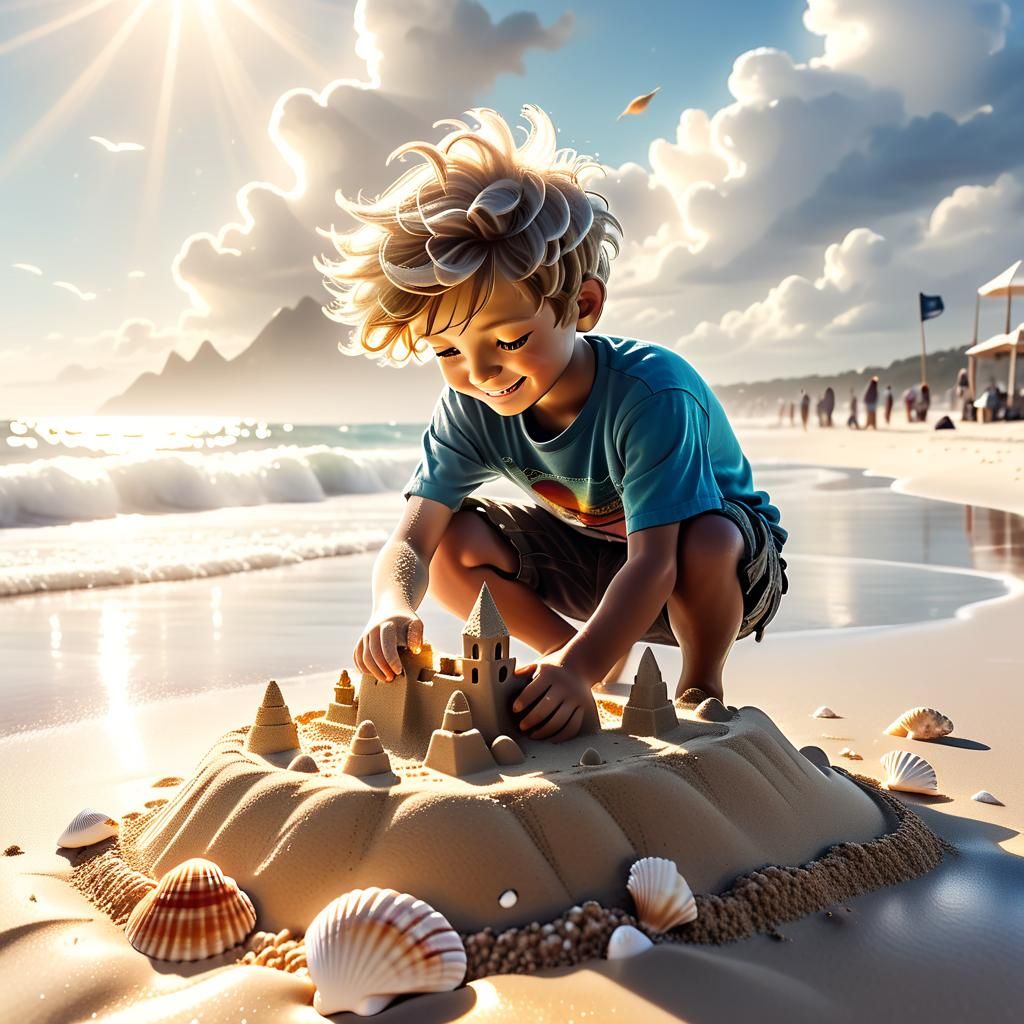 A little kid building a sandcastle on the beach