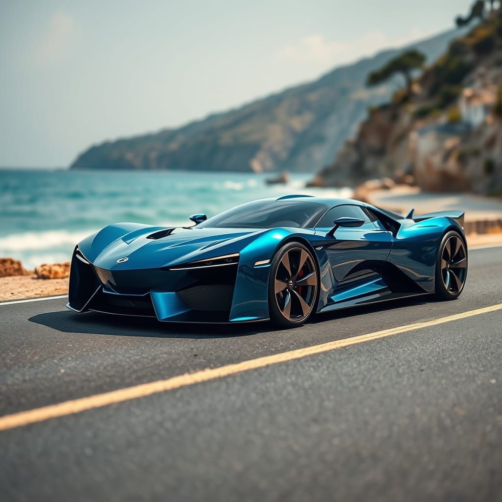 Metallic Blue Supercar on Coastal Road: Hyperrealistic Rende...