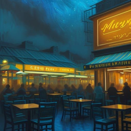 Neo-Impressionist Night Cafe with Vibrant Triadic Colors
