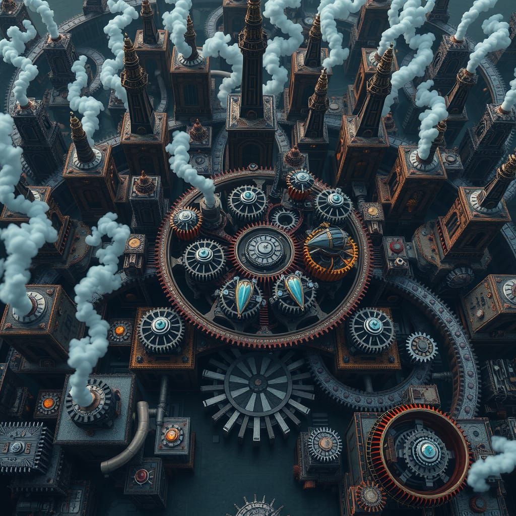 Overhead Steampunk City of Gears with Airships