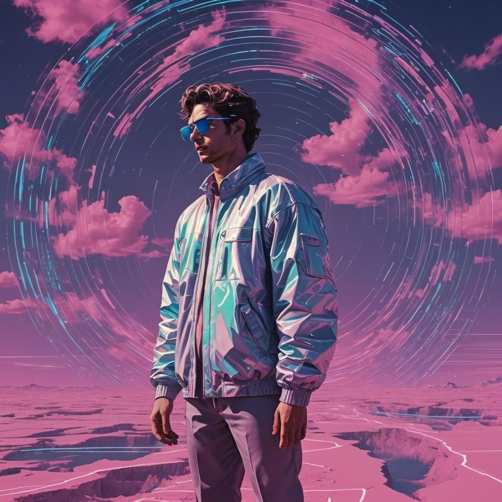 Vaporwave Time Traveler in Glitchy Distortion