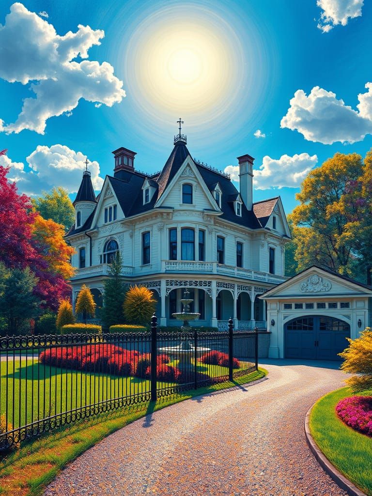 Ethereal Victorian Mansion in Vibrant, Surreal Forest Landsc...