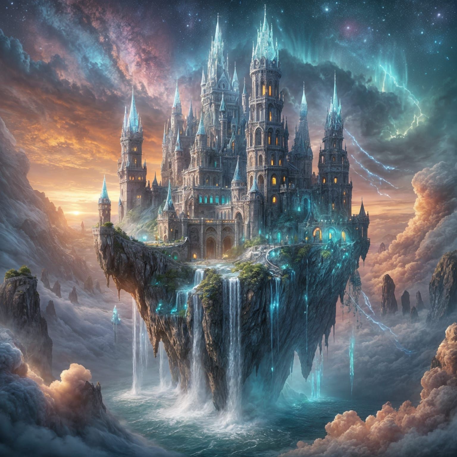 Majestic Floating Castle in Twilight Sky