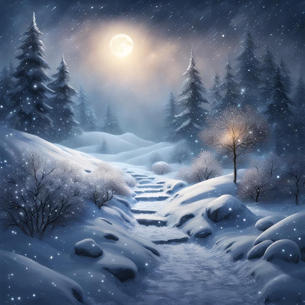 Mystical Winter Night Scene with Falling Snow