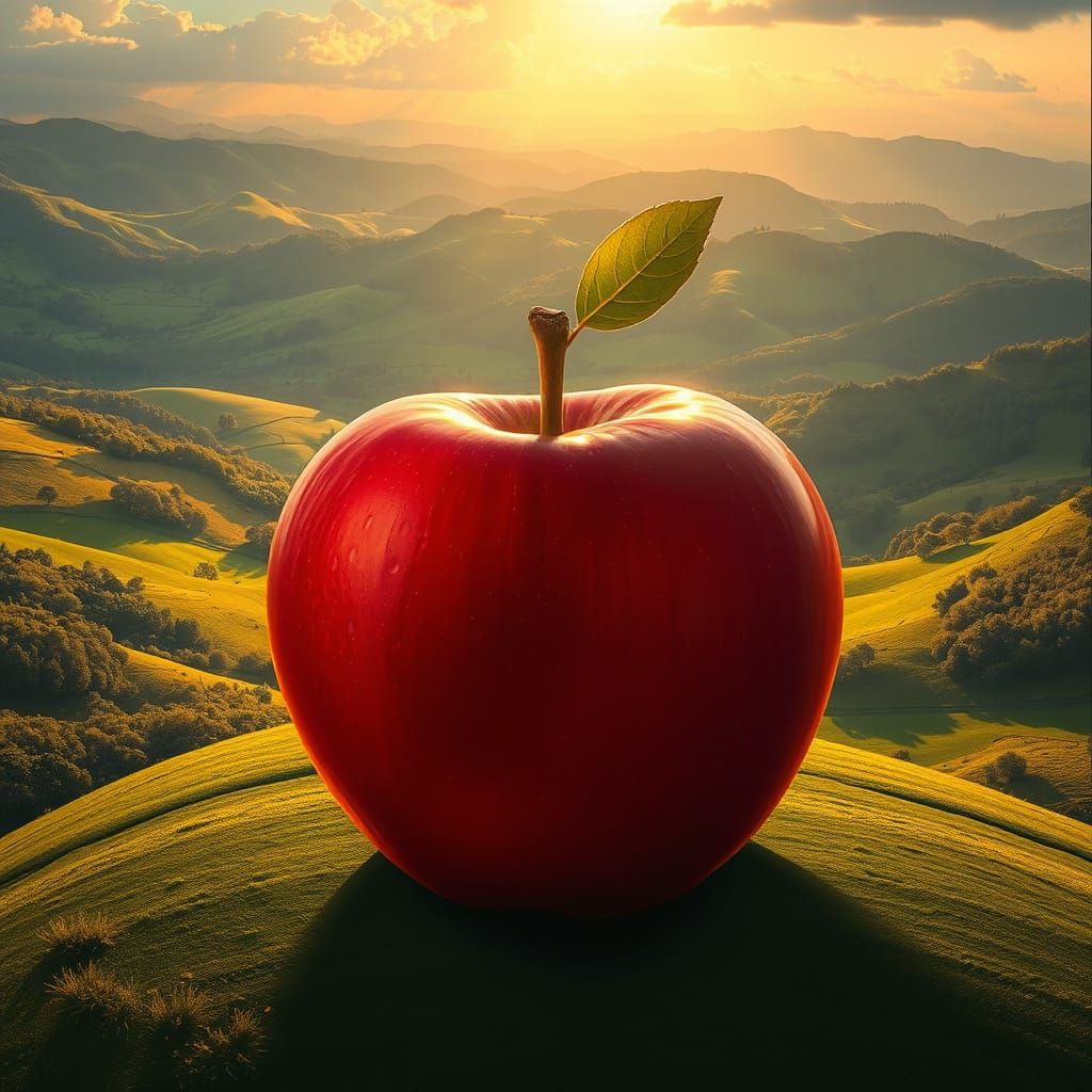 Surreal Landscape with Giant Red Delicious Apple in Golden L...