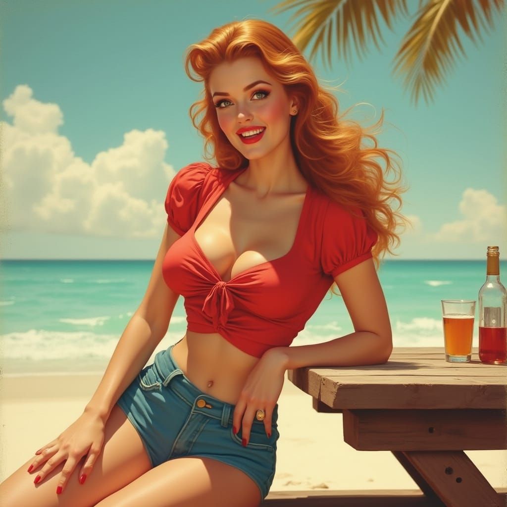 a 1950's pin up girl in the style of Gil Elvgren on the beac...