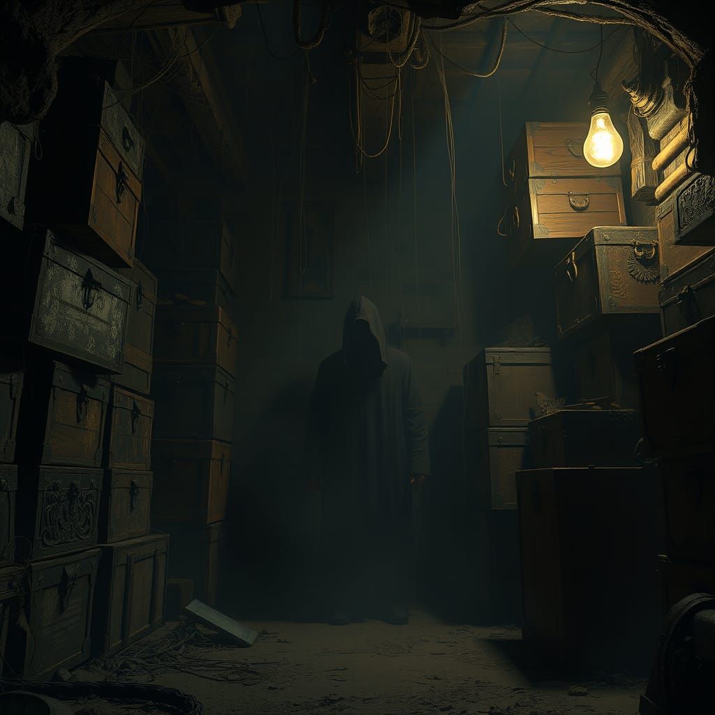 Mysterious Figure in a Dusty, Cobweb-Filled Basement