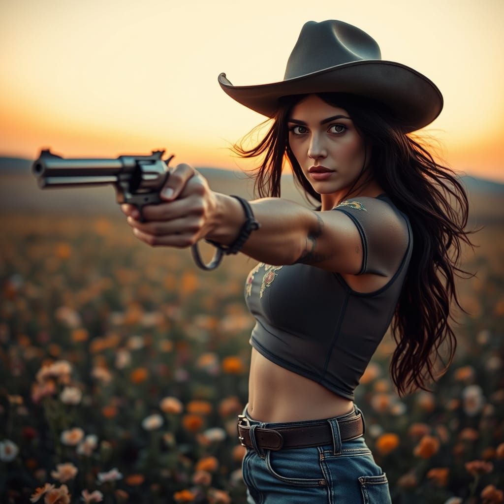 Defiant Gunslinger in Dusky Flower Field