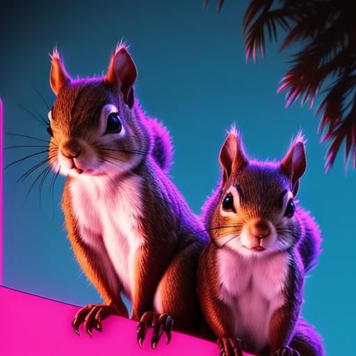 Squirrels in Synthwave Neon Retro Style