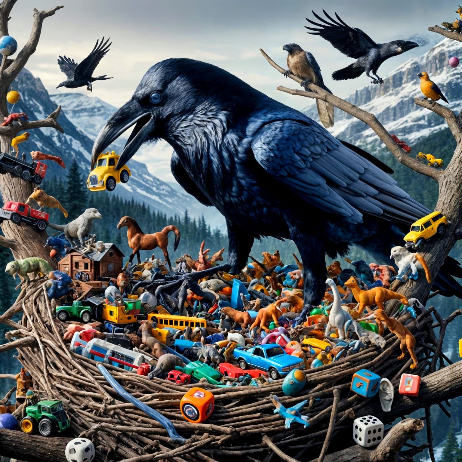 Raven Collects Toys in Detailed Mountain Scene