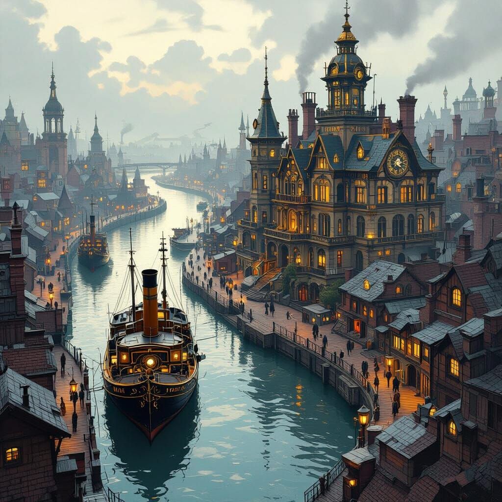 Steampunk Victorian Cityscape with Clockwork Details