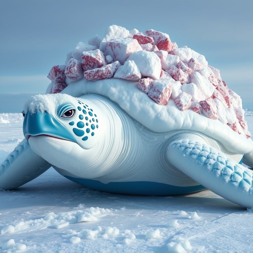 Snow Turtle on Ice Floe, Realistic Photo