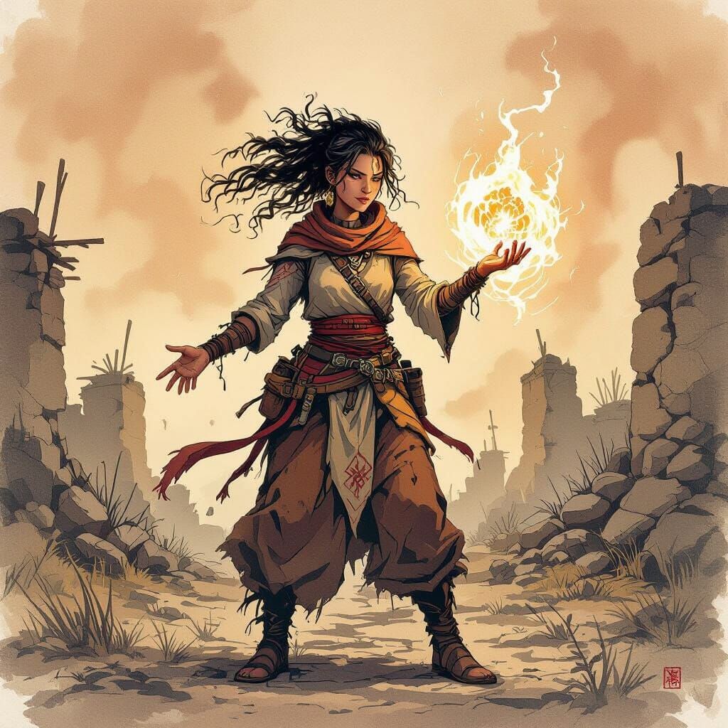 Female Arcanist Casting Spells in Village Ruins