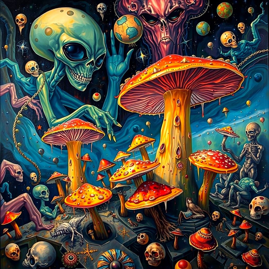 hyperdetailed Metaphysical Painting.aliens and mushrooms, vi...