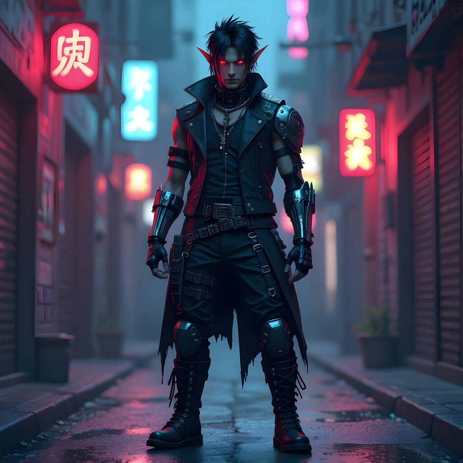 Elf with Cybernetic Arm in Cyberpunk Alley