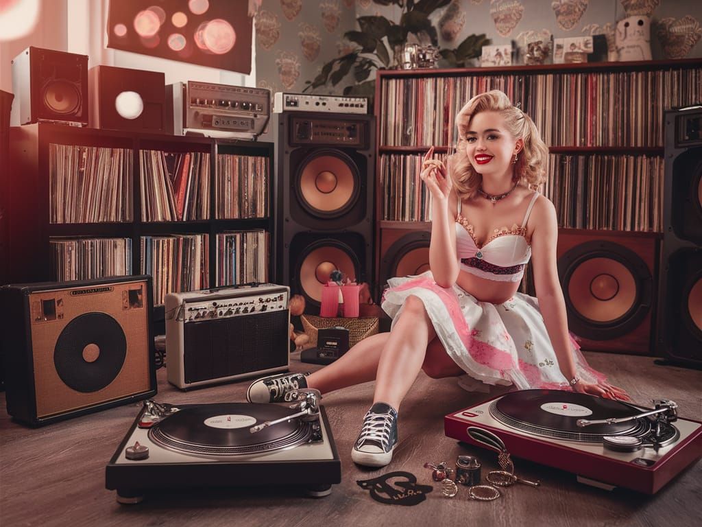 Charming Woman Plays Vintage Turntable in 70s Room
