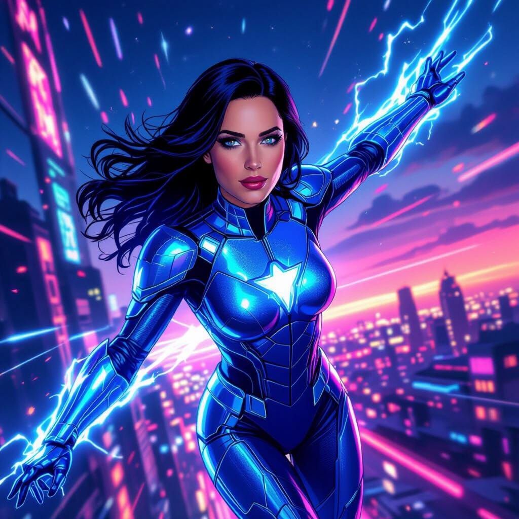 Katy Perry as Blue Beetle Superhero in Neon City