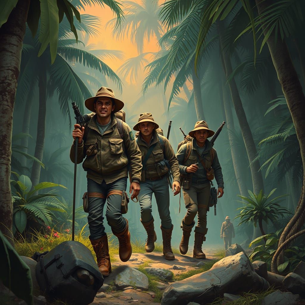 Jungle Trek: Adventurers in a Frazetta-esque Landscape