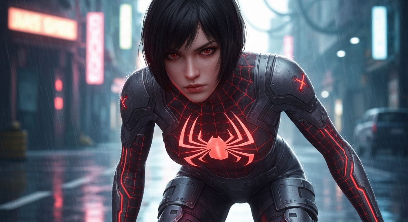 Cyberpunk Woman in Futuristic Spider-Man Suit