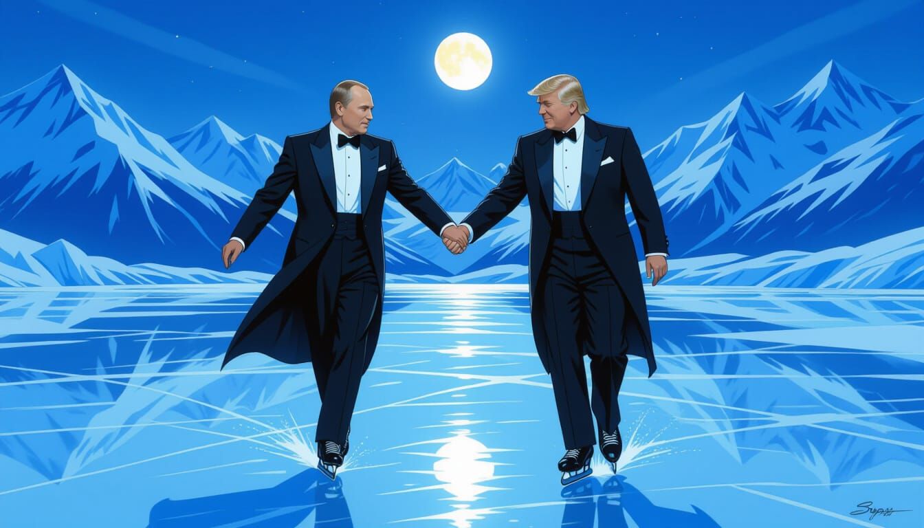 Putin and Trump Glacier Skating in Art Nouveau Style