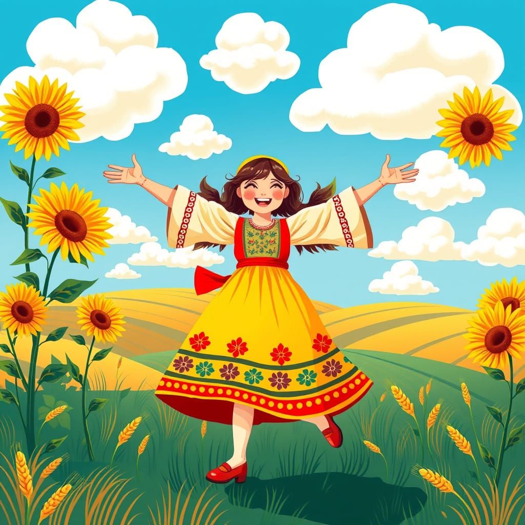 Vibrant Ukrainian Folk Illustration of Dancing Girl with Sun...