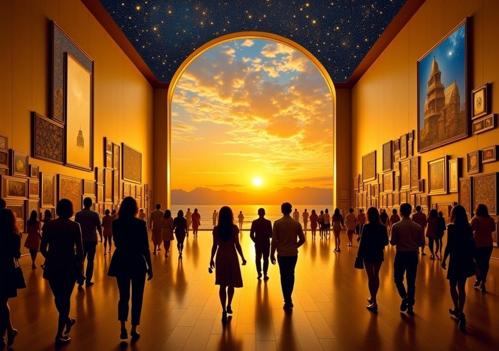 Crowd Gathers in Shimmering Museum Collage