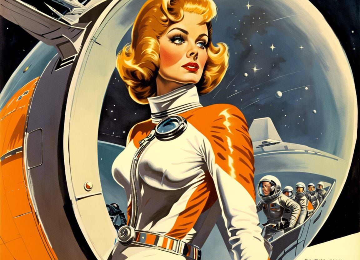 Retrofuturistic Woman on Spaceship, Midcentury Modern Poster
