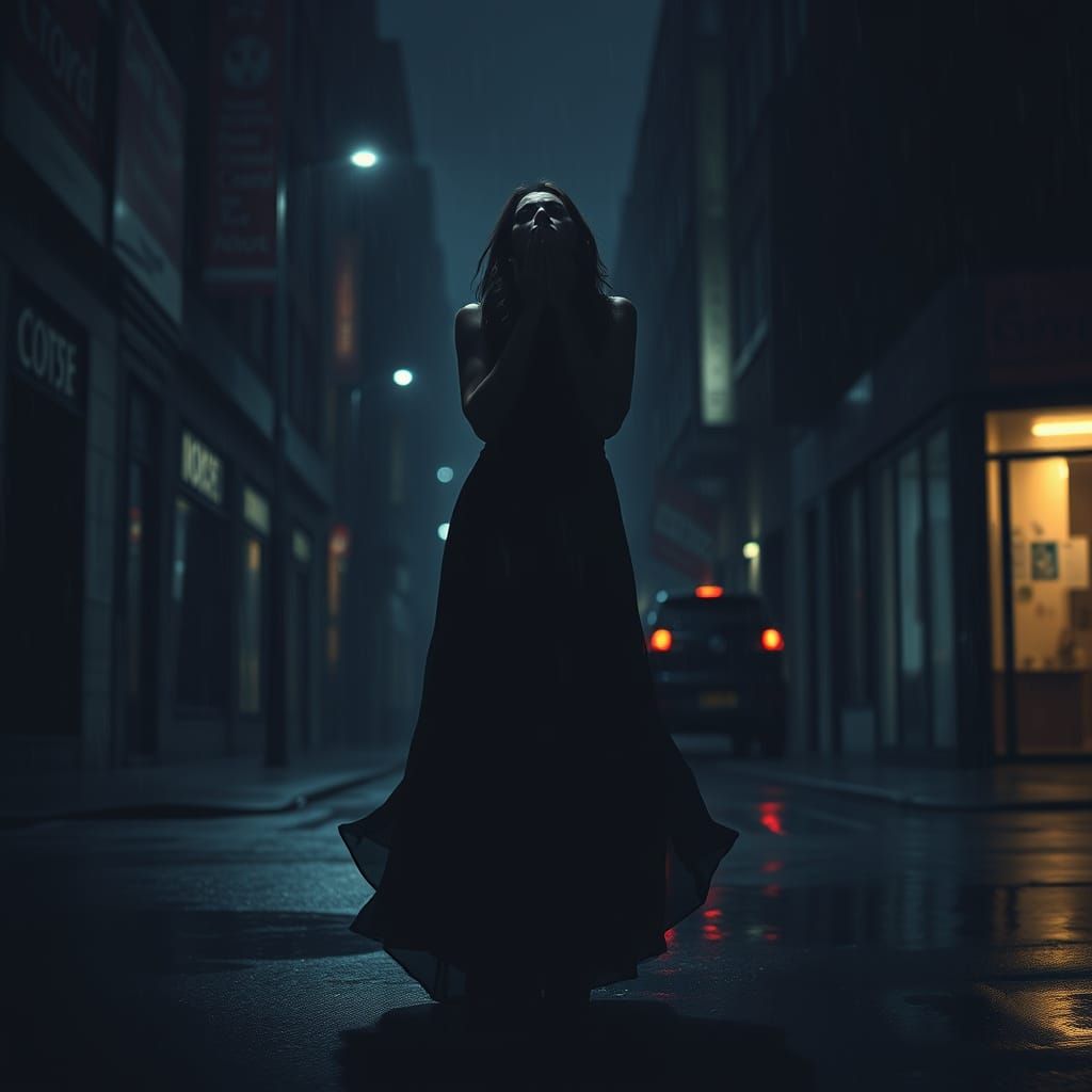 Woman in Black Dress Stands in Rainy City, Digital Art