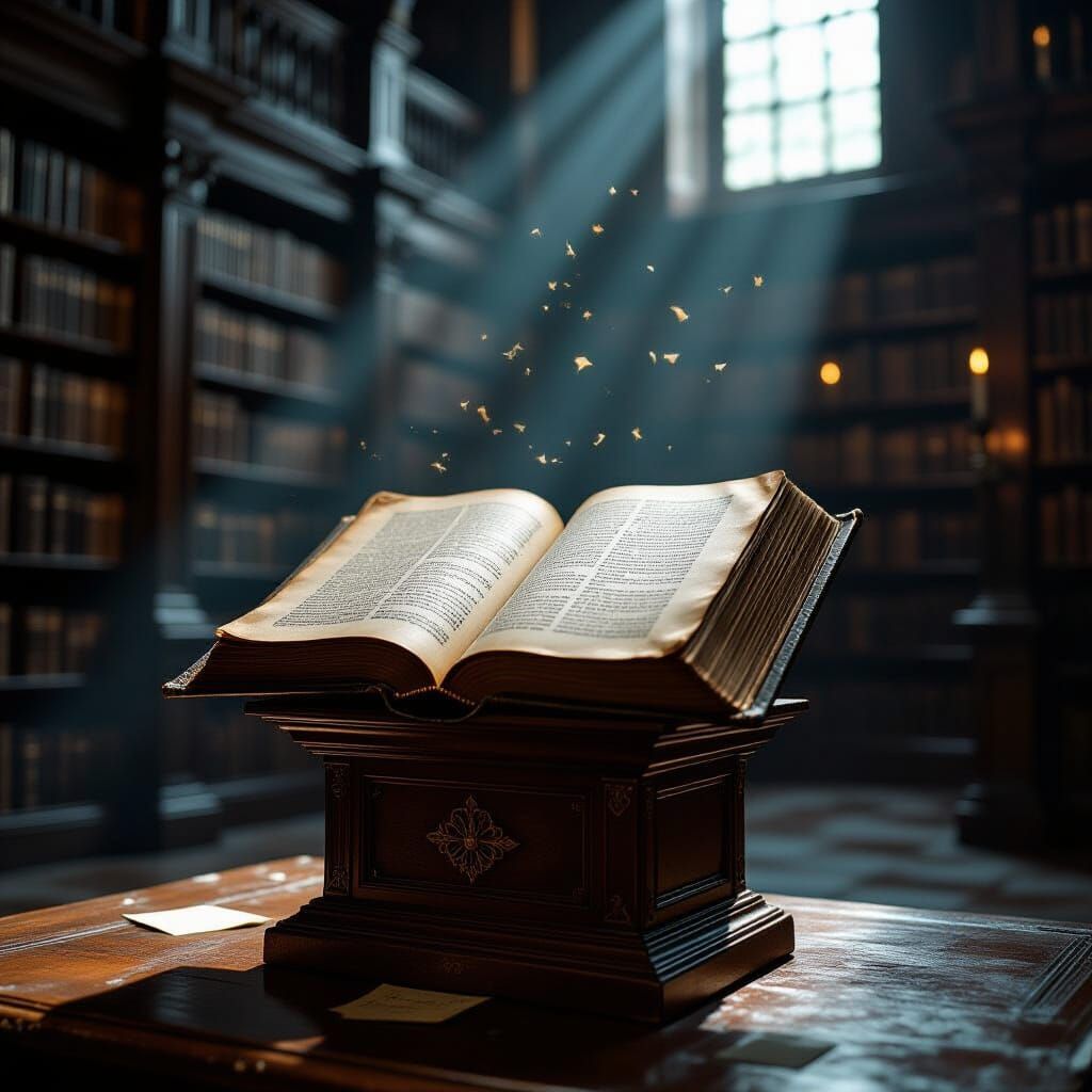 Ancient Tome on Lectern in Dim Library Storybook Style