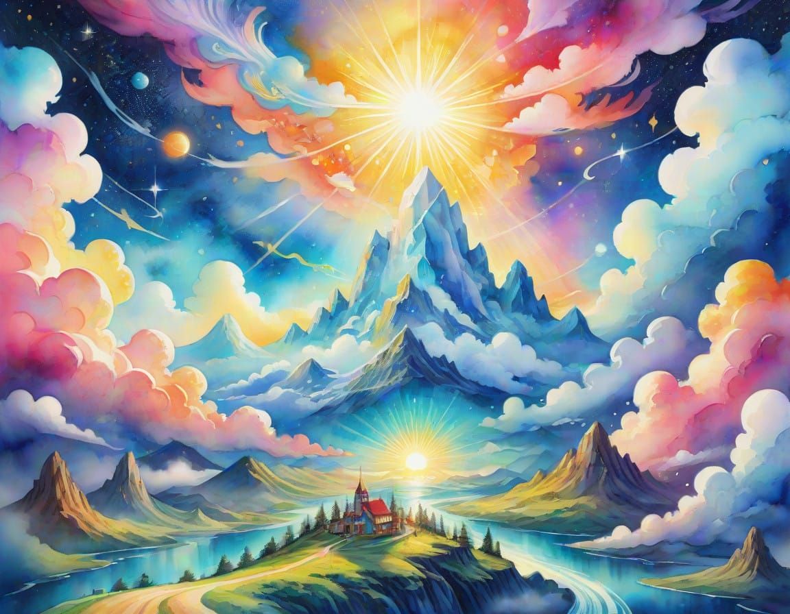 Harmonious Cosmic Haven in Watercolor Whimsy