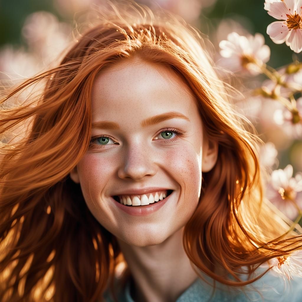 Smiling Redhead Portrait in Flower Field, Soft Golden Light